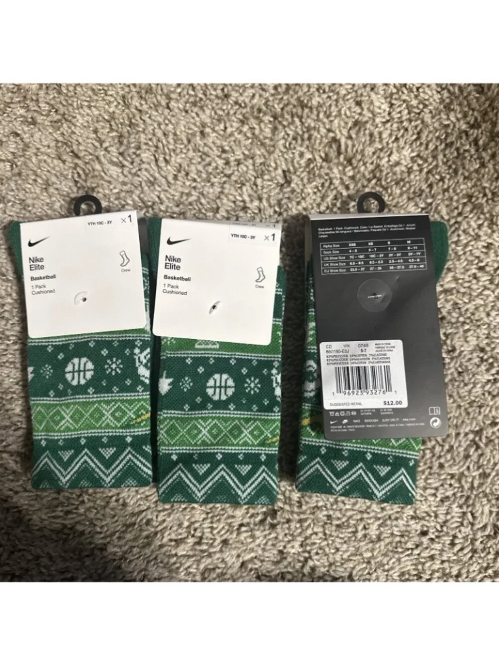 3X Nike Elite Socks Youth 10C-3Y Green Crew Christmas Sweater Basketball